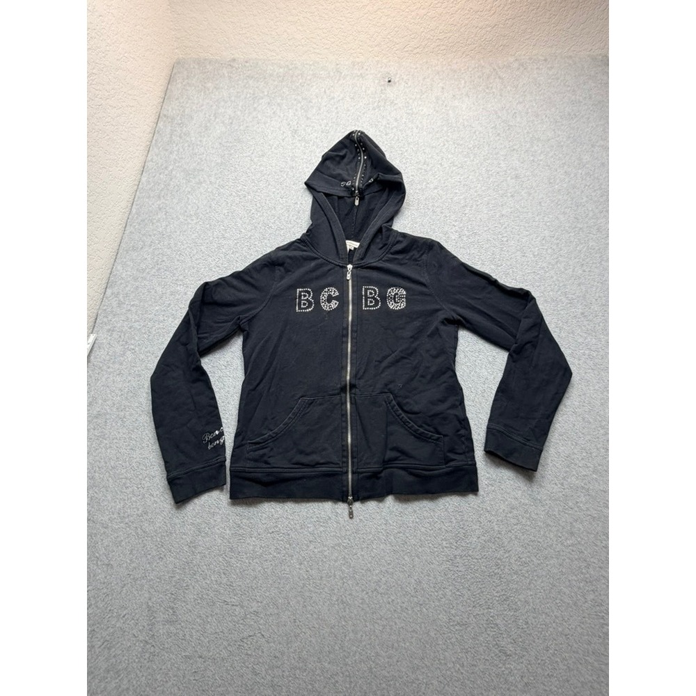 BCBG Max Azria Womens Black Rhinestone Full Zip Hoodie Sweatshirt Y2K Size XL
